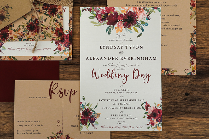 Autumn Wedding Invites - Burgundy Wedding Stationery - Winter Wedding Stationery - North Lincolnshire Wedding Photographer